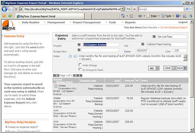 Expense Entry, Service Fees (detail entry)