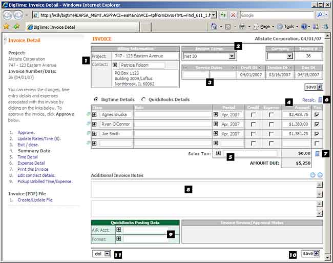 The invoice detail page can be used to edit the information on a specific invoice.  You can get to it from the Tools... Invoices, Print/Post screen.