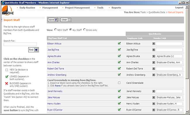 QuickBooks Integration - Staff Integration Page