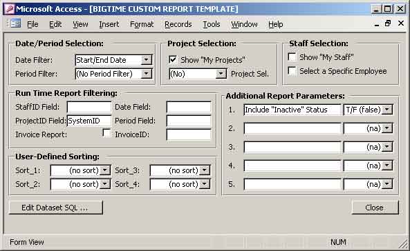 Custom Reporting, Selecting Parameters.