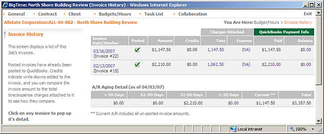 The Project Dashboard's Invoice History page shows a full list of invoices and A/R aging details.