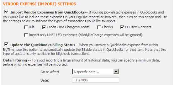 QuickBooks Vendor Expense (Import) Settings