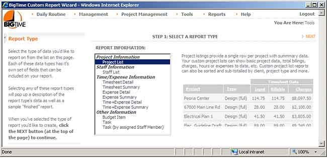 BigTime Reporting Wizard allows you to choose a report type using the initial setup screen.