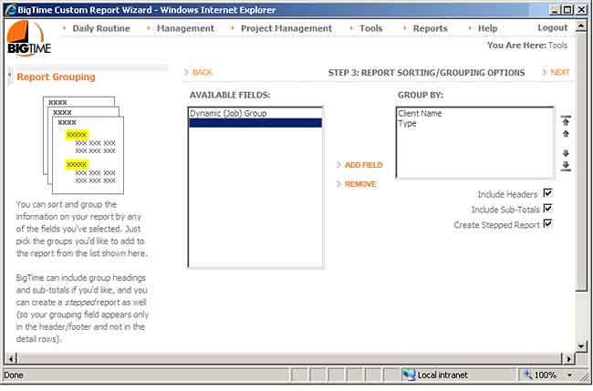 The Reporting Wizard support dynamic grouping and sub grouping.