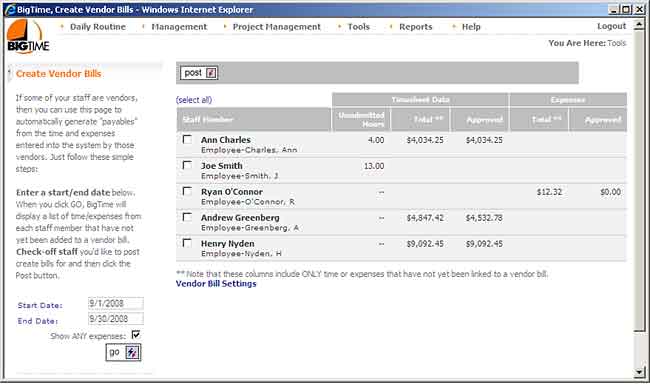 The Tools...QuickBooks Data...Vendor Bills menu gives you the option to create new endor bills from employee time and expense data.