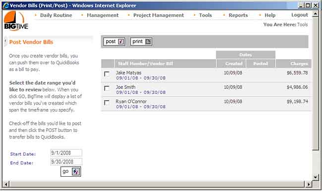 Once you create a set of vendor Bills, you can use the Post Vendor Bills link (under Tools...QuickBooks Data...Vendor Bills) to post them to your accounting system.